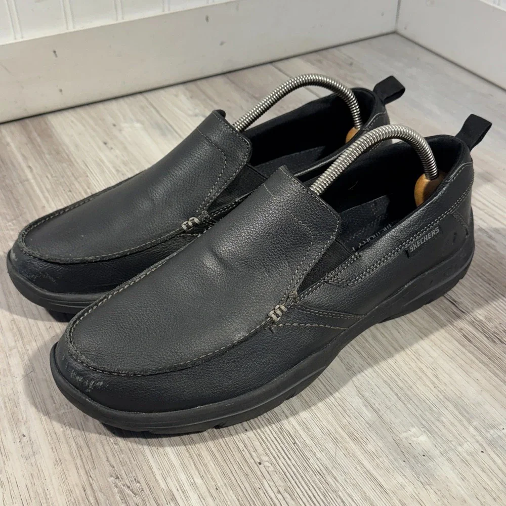 Skechers Harper Forde Slip On‎ Black Leather Casual Loafer Shoes Men's Size 10